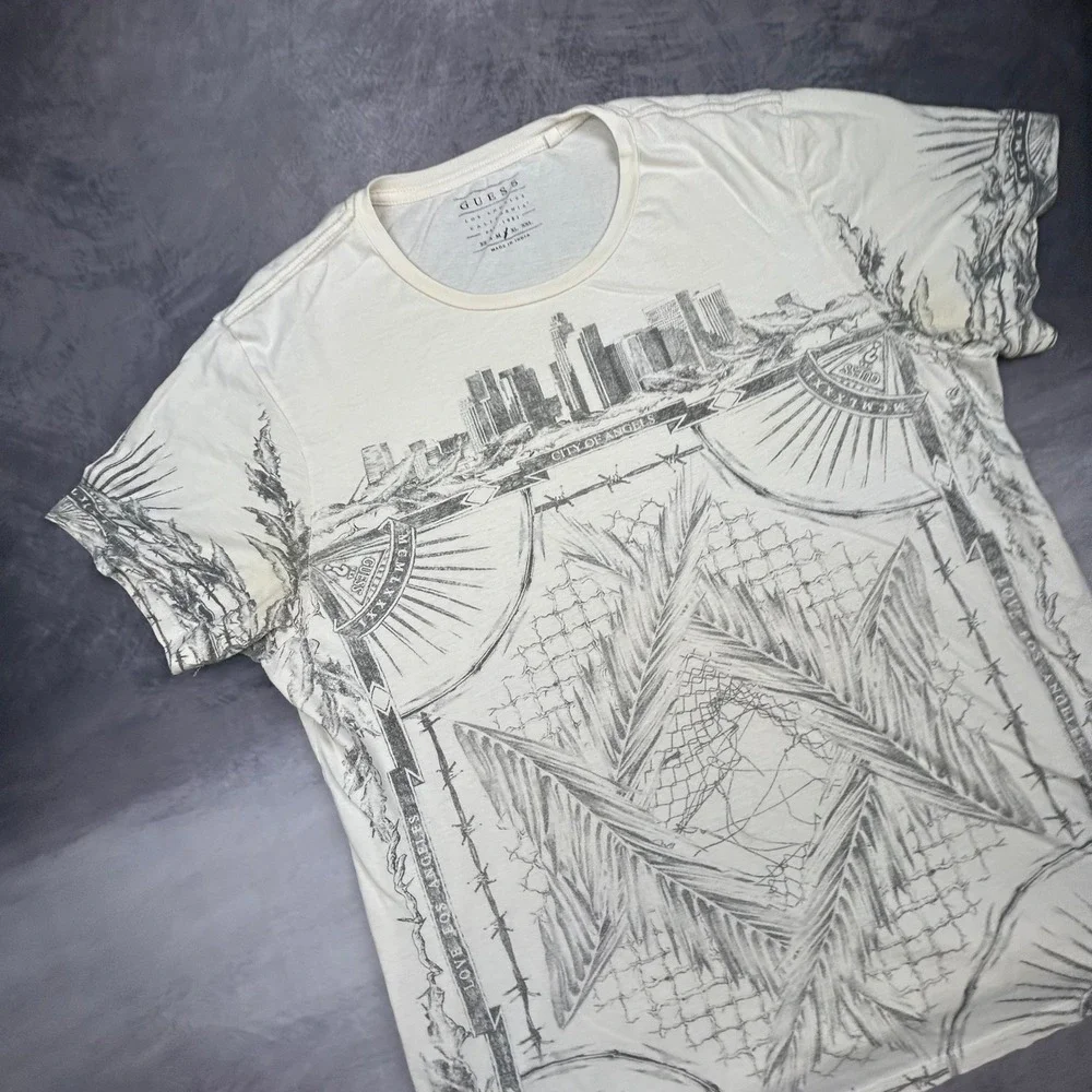 Vintage Guess Los Angeles City of Angels Graphic T-Shirt White Cream Mens Medium - Picture 3 of 6